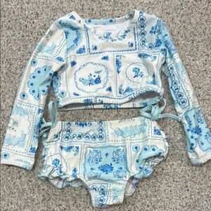 SweetHoney Blue and White Paisley Long-Sleeve Bikini Set